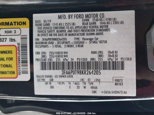 Ford FUSION SE 2019 3FA6P0T98KR264205 Image 9
