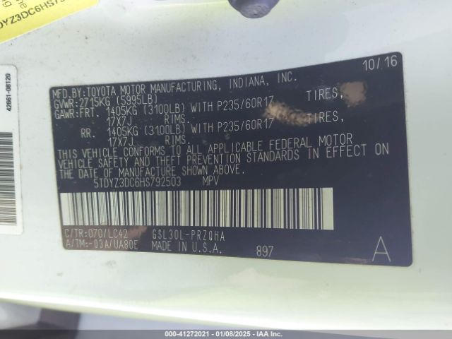 5TDYZ3DC6HS792503 Toyota Sienna Xle/limited