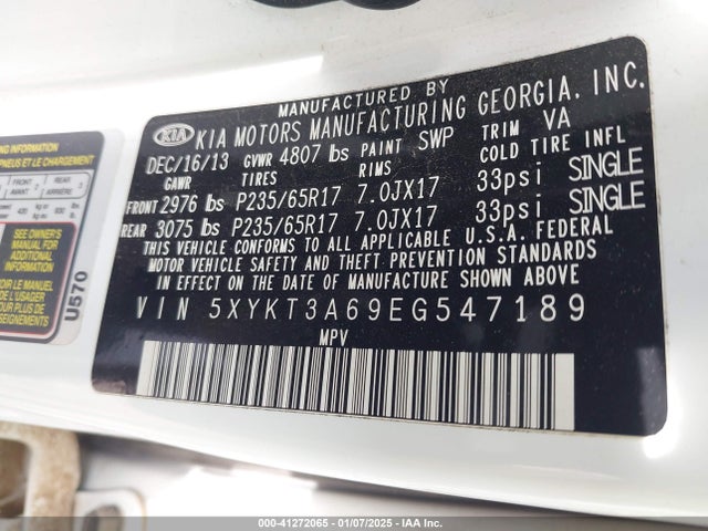 KIA SORENTO LX 2014 5XYKT3A69EG547189 Image 9