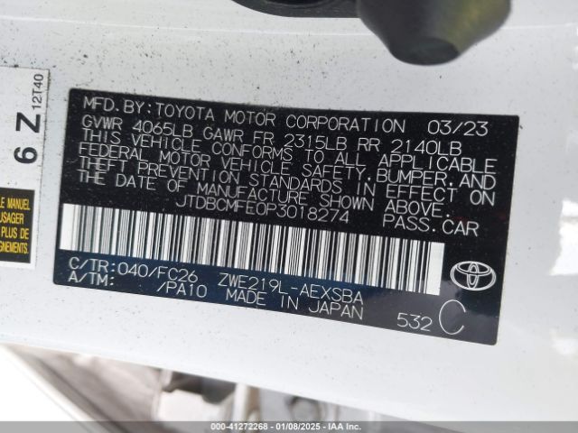 JTDBCMFE0P3018274 Toyota Corolla Hybrid Se