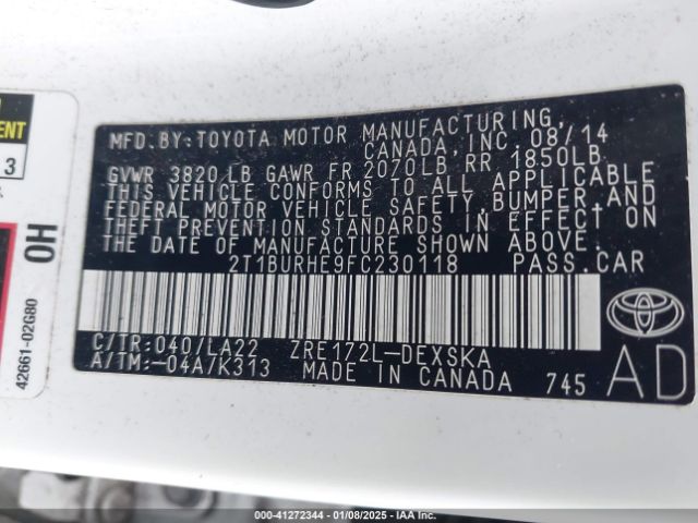 2T1BURHE9FC230118 Toyota Corolla S Premium
