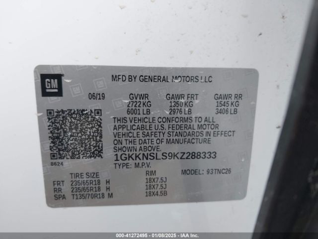 1GKKNSLS9KZ288333 GMC Acadia Sle-2