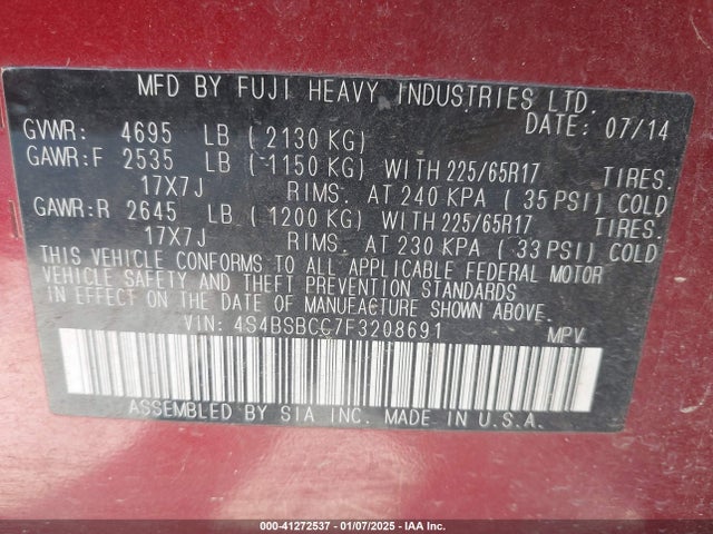 Subaru Outback 2.5i Premium 2015 4S4BSBCC7F3208691 Image 9