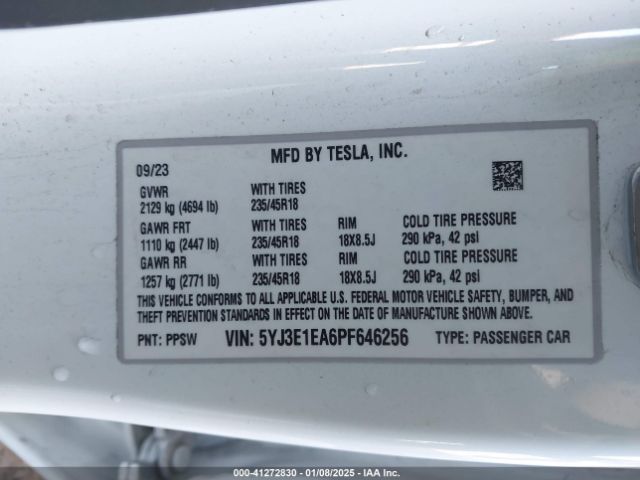 5YJ3E1EA6PF646256 Tesla Model 3 Rear-wheel Drive