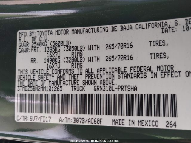 3TMDZ5BN2MM101265 Toyota Tacoma Trd Off-road