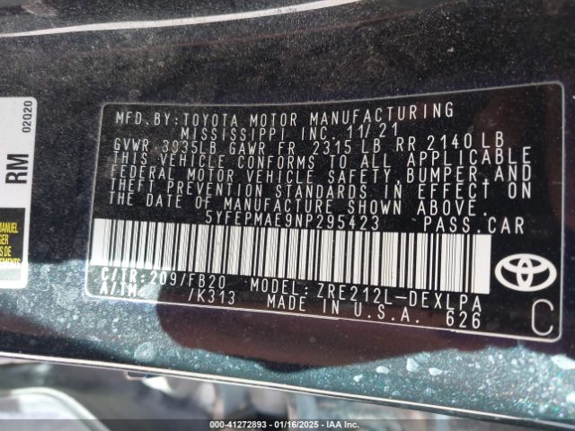 5YFEPMAE9NP295423 Toyota COROLLA LE
