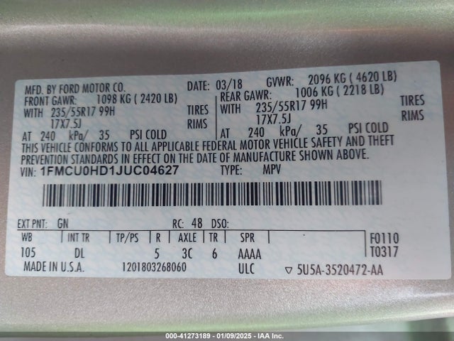 1FMCU0HD1JUC04627 Ford ESCAPE SEL