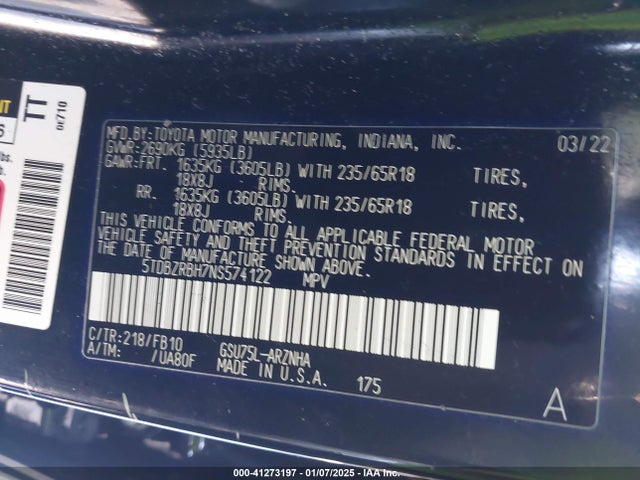 5TDBZRBH7NS574122 Toyota Highlander Le
