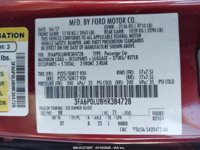 3FA6P0LU8HR384728 Ford Fusion Hybrid Se