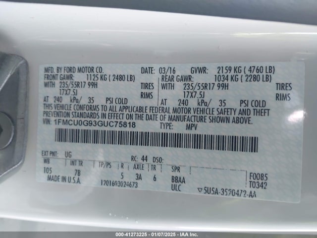 1FMCU0G93GUC75818 Ford ESCAPE SE