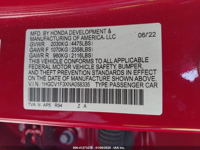 1HGCV1F3XNA058335 Honda Accord Sport