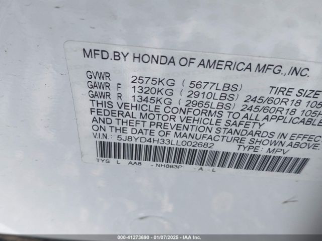 5J8YD4H33LL002682 Acura Mdx Standard