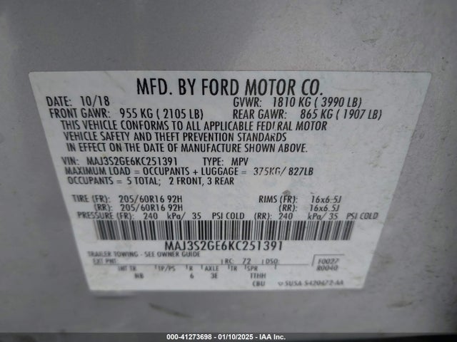 MAJ3S2GE6KC251391 Ford Ecosport Se