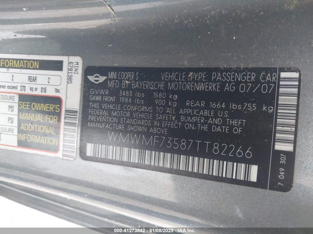 2007 MINI COOPER S WMWMF73587TT82266 Photo 8