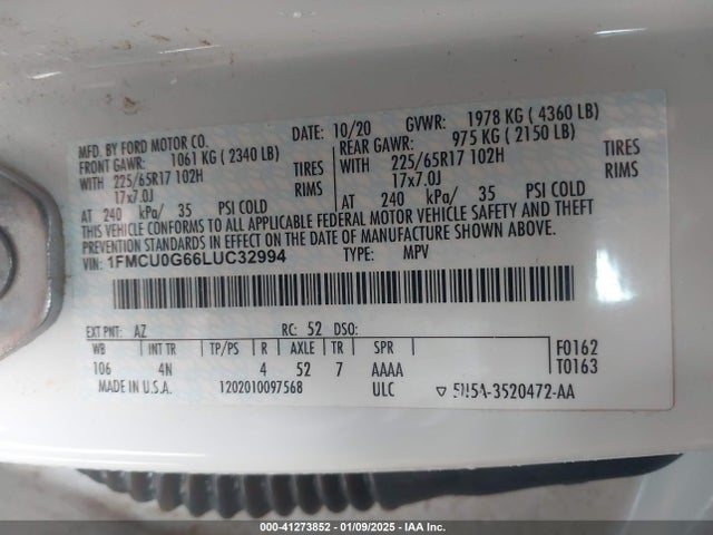 Ford ESCAPE SE 2020 1FMCU0G66LUC32994 Image 9