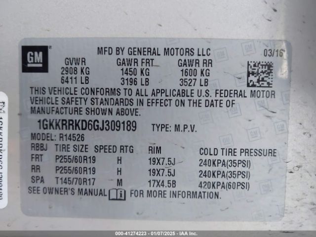 1GKKRRKD6GJ309189 GMC Acadia Slt-1