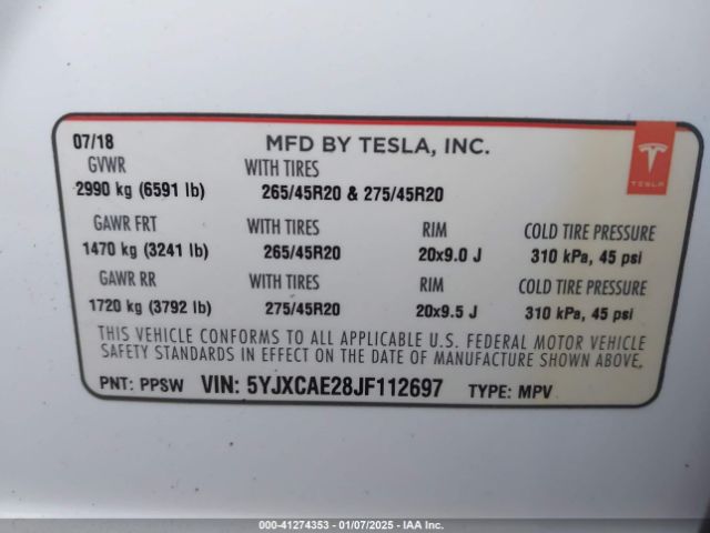 5YJXCAE28JF112697 Tesla Model X 100d/75d/p100d