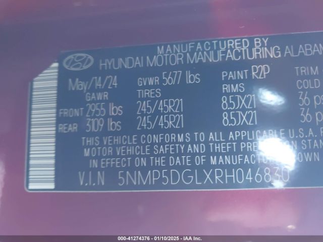 5NMP5DGLXRH046830 Hyundai Santa Fe Calligraphy