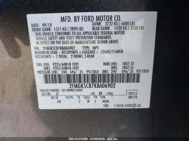 2FMGK5C87KBA06902 Ford FLEX SEL