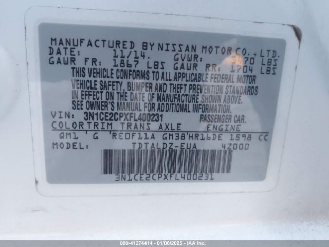 3N1CE2CPXFL400231 Nissan Versa Note S (sr)/s Plus/sl/sr/sv