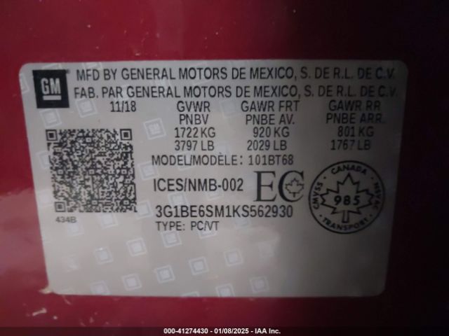 3G1BE6SM1KS562930 Chevrolet CRUZE LT