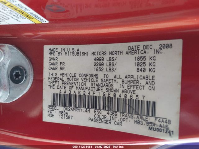 2009 MITSUBISHI ECLIPSE 4A3AK24F19E040657 Photo 8