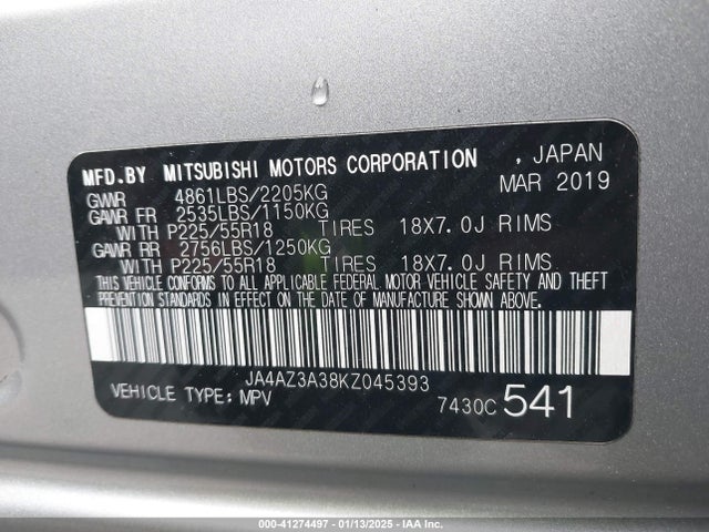 JA4AZ3A38KZ045393 Mitsubishi Outlander Se
