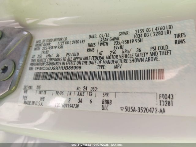 1FMCU0J9XHUB85995 Ford Escape Titanium