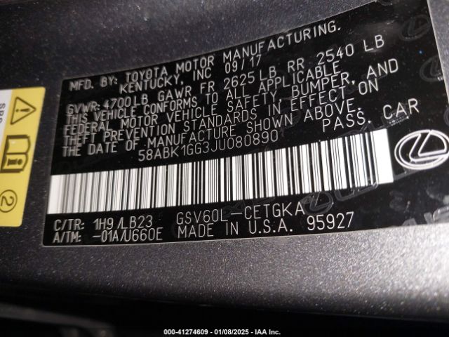 58ABK1GG3JU080890 Lexus ES 350