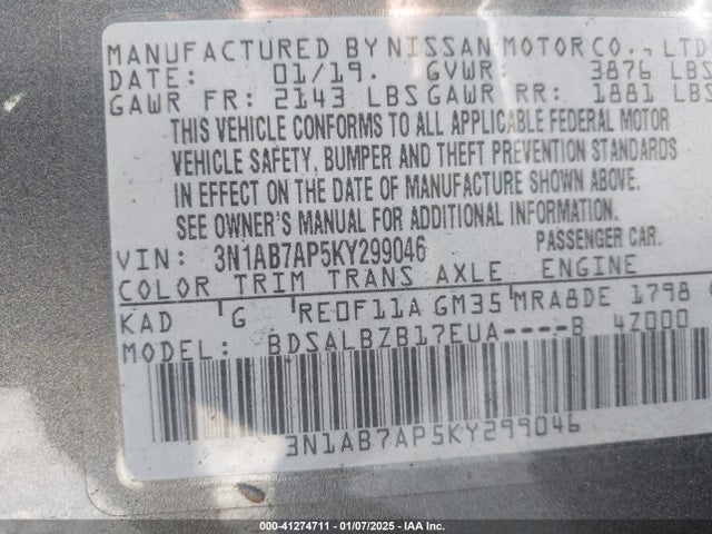 3N1AB7AP5KY299046 Nissan SENTRA S