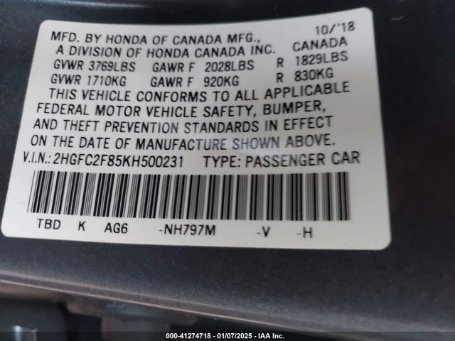Honda Civic Sport 2019 2HGFC2F85KH500231 Image 9