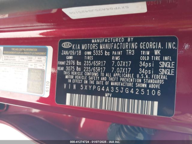 5XYPG4A35JG425106 KIA Sorento 2.4l Lx