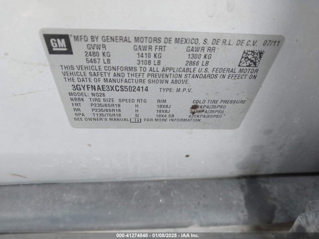 2012 CADILLAC SRX 3GYFNAE3XCS502414 Photo 8