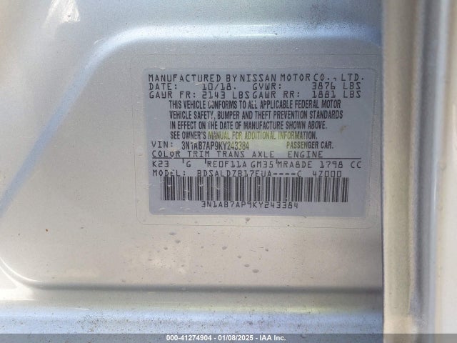 3N1AB7AP9KY243384 Nissan SENTRA SV