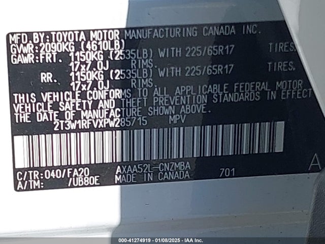 2T3W1RFVXPW285715 Toyota Rav4 Xle