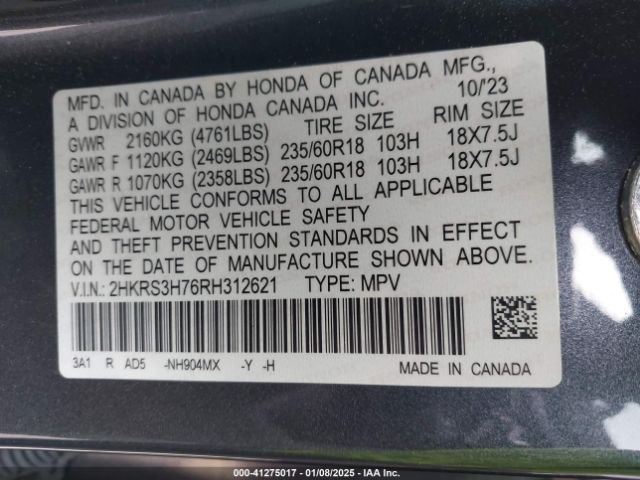 2HKRS3H76RH312621 Honda Cr-v Ex-l 2wd