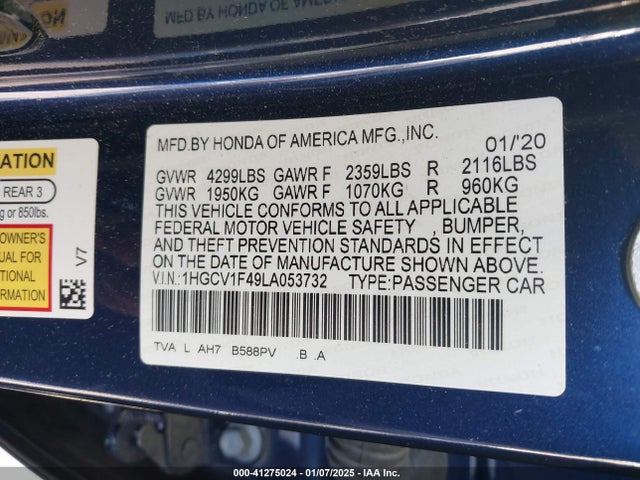 Honda ACCORD EX 2020 1HGCV1F49LA053732 Image 9