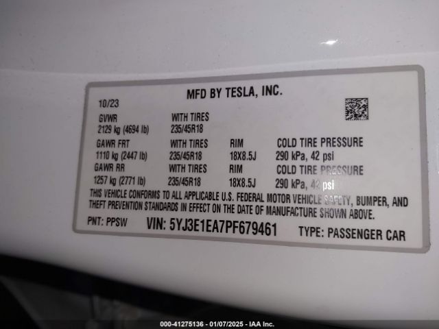 5YJ3E1EA7PF679461 Tesla Model 3 Rear-wheel Drive