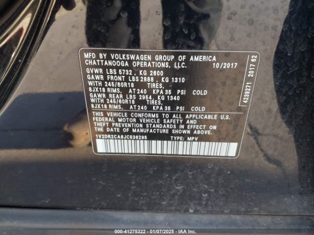 1V2DR2CA8JC536295 Volkswagen Atlas 3.6l V6 Se/3.6l V6 Se W/technology