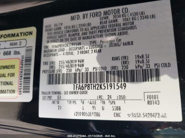 1FA6P8TH2K5191549 Ford Mustang Ecoboost
