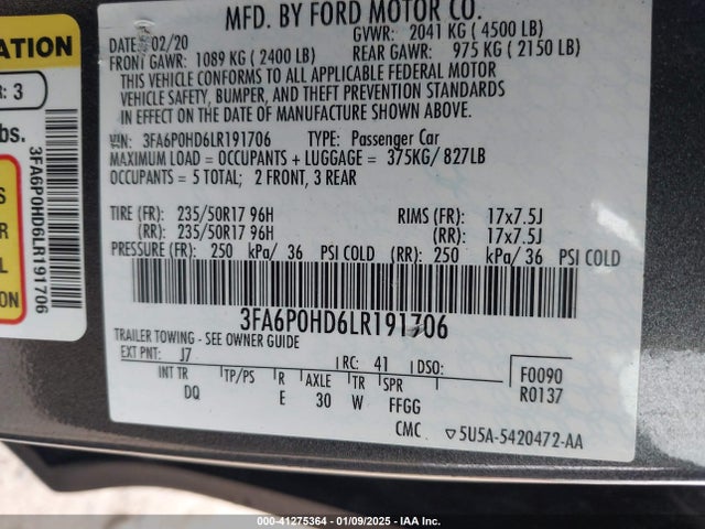 Ford FUSION SE 2020 3FA6P0HD6LR191706 Image 9