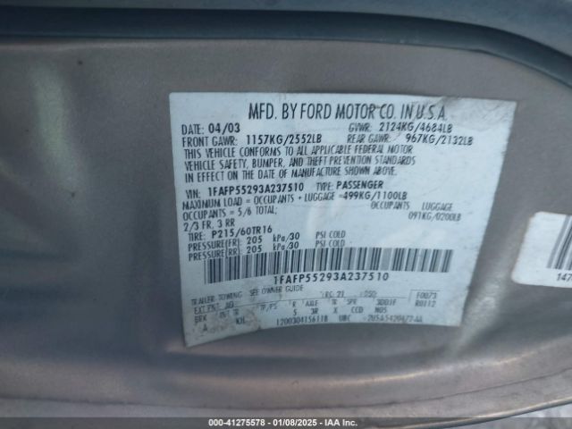 2003 FORD TAURUS 1FAFP55293A237510 Photo 8