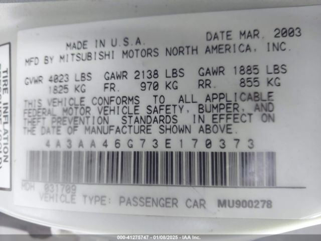 2003 MITSUBISHI GALANT 4A3AA46G73E170373 Photo 8