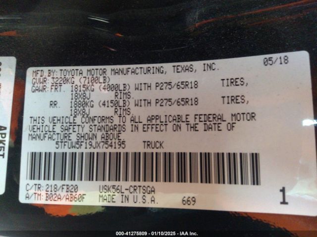 5TFUW5F19JX754195 Toyota Tundra Sr5 5.7l V8