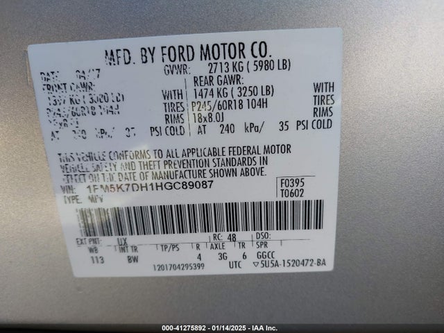 Ford EXPLORER XLT 2017 1FM5K7DH1HGC89087 Image 9