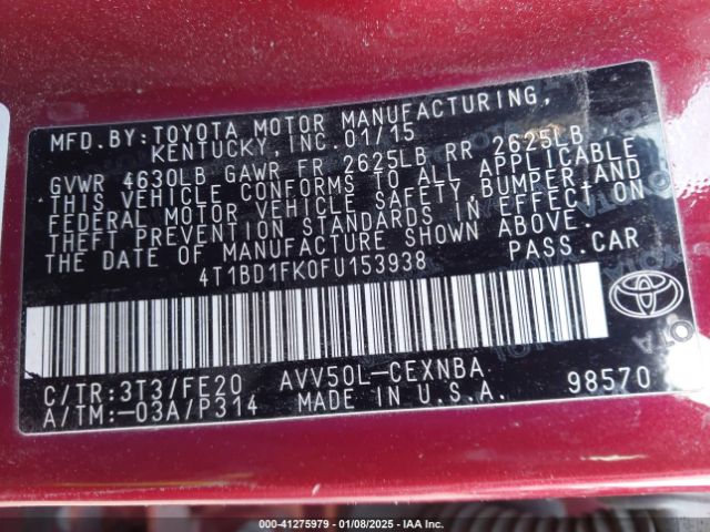 4T1BD1FK0FU153938 Toyota Camry Hybrid Le