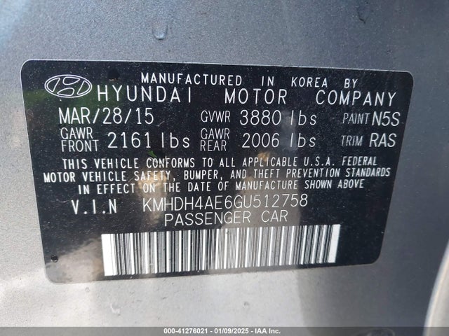 KMHDH4AE6GU512758 Hyundai ELANTRA SE