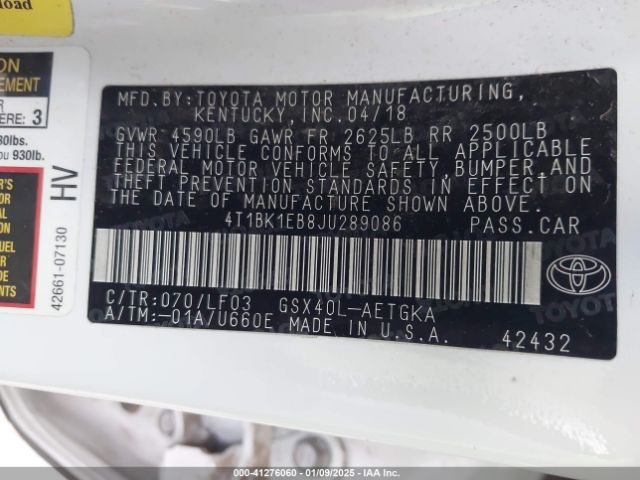 4T1BK1EB8JU289086 Toyota Avalon Xle Premium