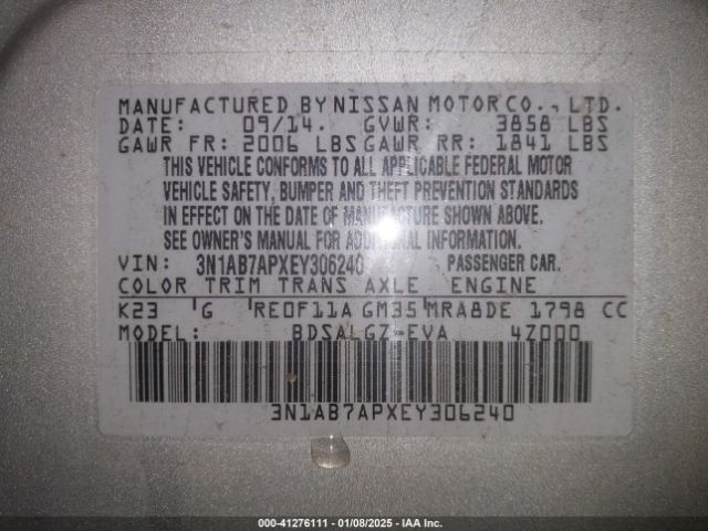 3N1AB7APXEY306240 Nissan SENTRA SL