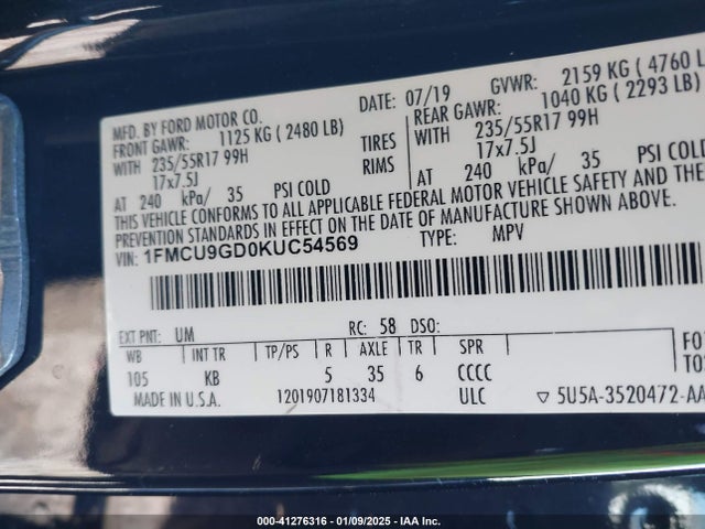 Ford ESCAPE SE 2019 1FMCU9GD0KUC54569 Image 8